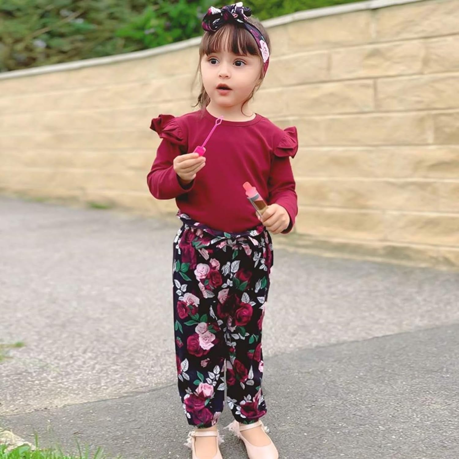 Cute Floral Girl Clothes Outfits, Toddler Baby Girl Clothes Set Ruffle T-Shirt + Pant Set with Headband