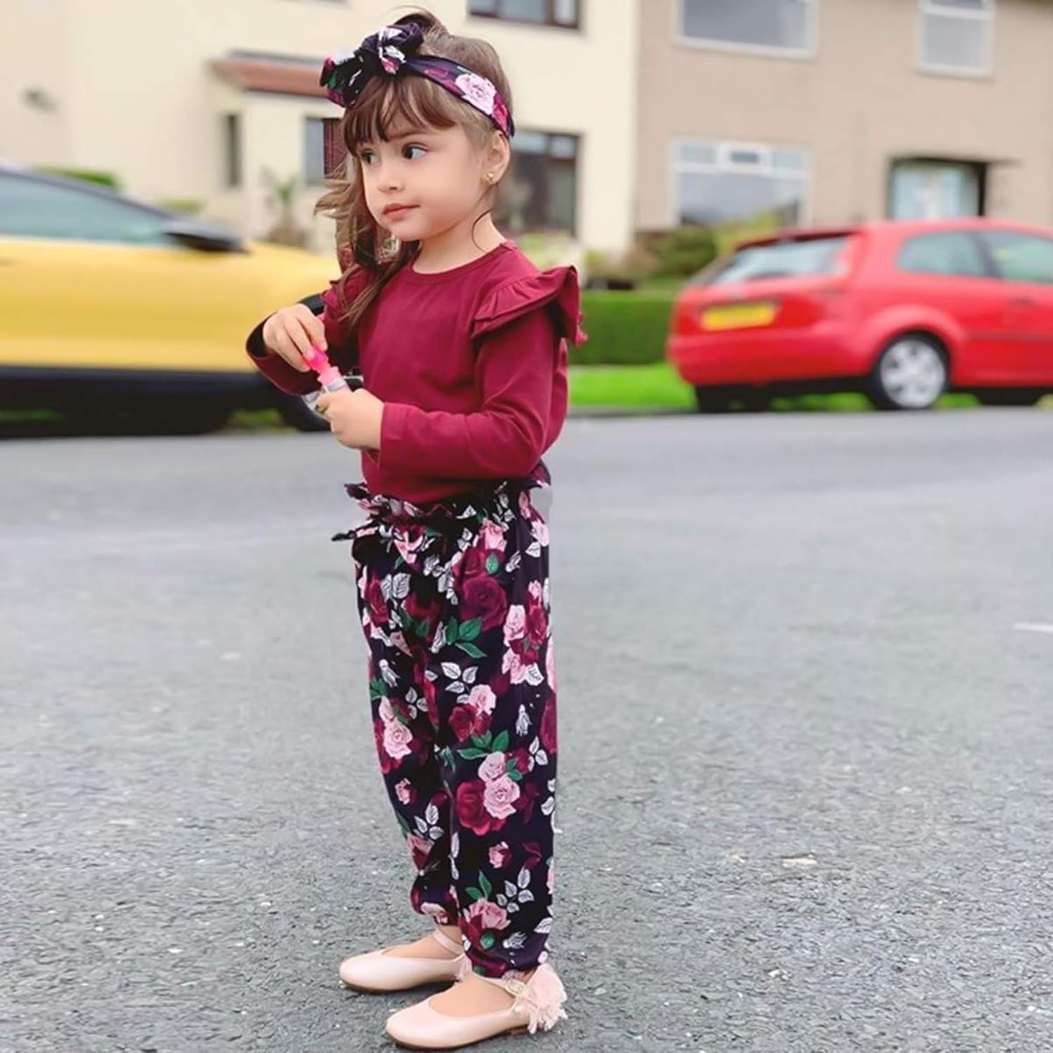 Cute Floral Girl Clothes Outfits, Toddler Baby Girl Clothes Set Ruffle T-Shirt + Pant Set with Headband