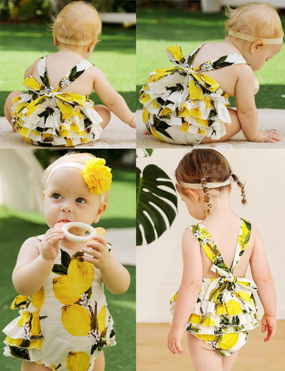 Baby Girl'S Floral Print Ruffles Romper Summer Clothes with Headband